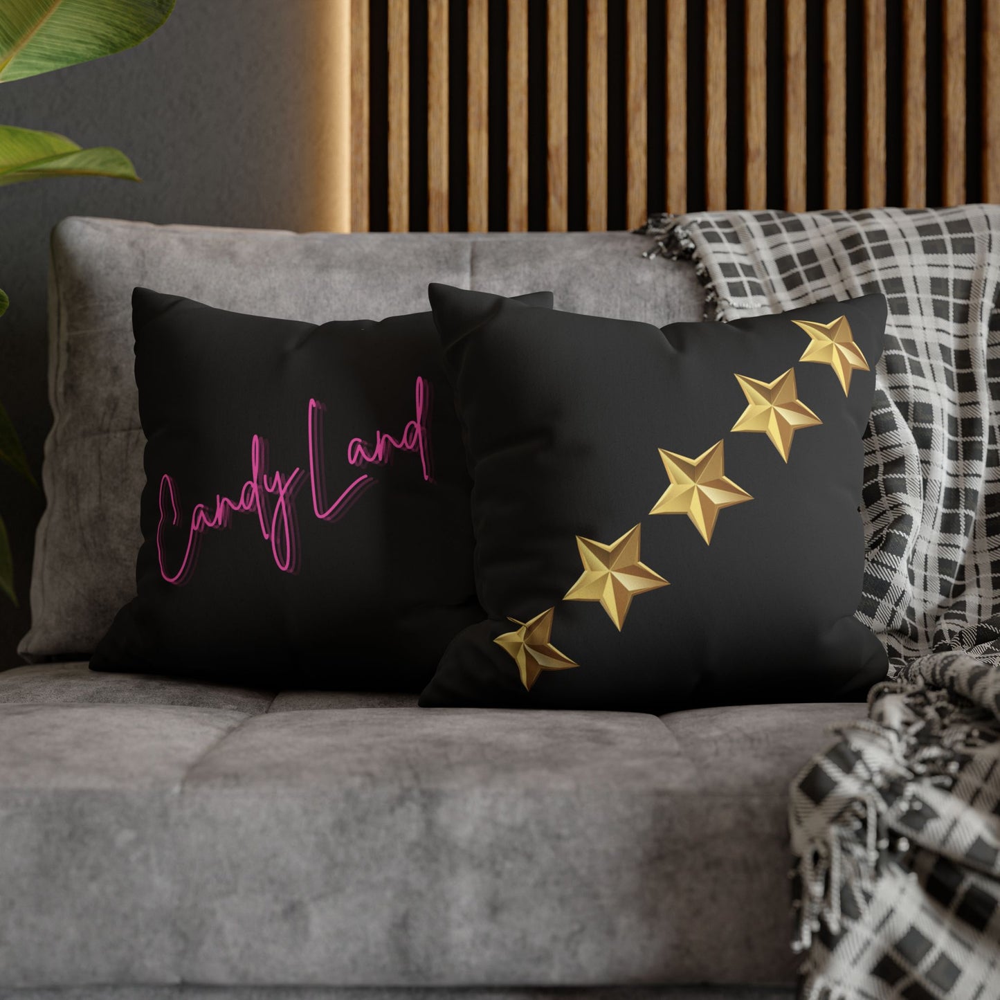 Gold Stars Black Faux Suede Square Pillowcase